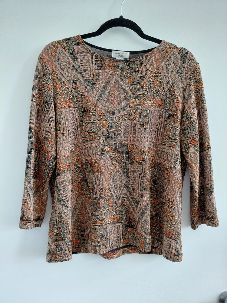 Vintage 1990s Laura Ashley Top Brown, Orange, Black & Gold Pattern Petite Medium