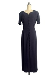 Vintage 80s Navy Blue Button Down Satin Belt Heart Neckline 40s inspired Midi S