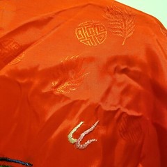 Golden Bee Red Robe Jacket Embroidered Golden Dragon Kimono Long Tie Large READ