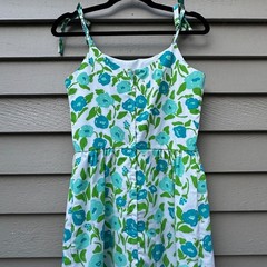 Vintage The Vested Gentress Floral Hand Screened Print Strap Dress Blue Green