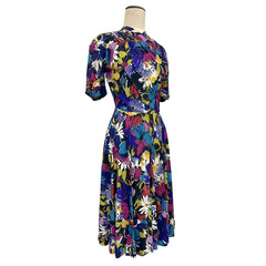 Vintage 1940s Rayon Jewel Toned Screenprinted Floral A-line Day Dress