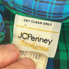 Vintage JCPenney Fashions Plaid Blouse Green Blue Ruffle Neck ILGWU USA 13/14
