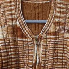 Vintage Handmade 70s Brown Plaid Chunky Knit Zip Cardigan Sweater LG