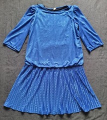 Vintage Drop Waist Dress Cobalt Blue Pleated Polka Dot Retro Volup Costume L/XL