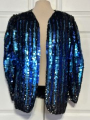 Vtg Multicolor Blue Sequin Open Jacket Shiny Disco Glam Rock Statement Formal
