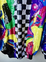 Vintage 80s Sequin Beaded Colorblock Art Deco Zip Jacket Statement Coat Glam XL