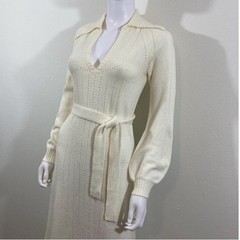 Wenjilli Vintage Knit Long Sleeve Cream Maxi Belted Sweater Dress