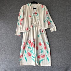 Vintage 70s Floral Tulip Dress and Bolero Jacket Set Cream Red Green 2 Piece Set