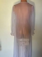 Vintage Sheer White Nylon Long Sleeve Pink Satin Top Val Mode Robe Sz.M