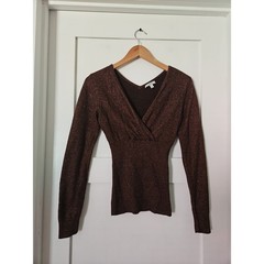 Caché Metallic Knit Top M Medium Bronze Brown Glitter Shimmer Wrap Sweater VTG