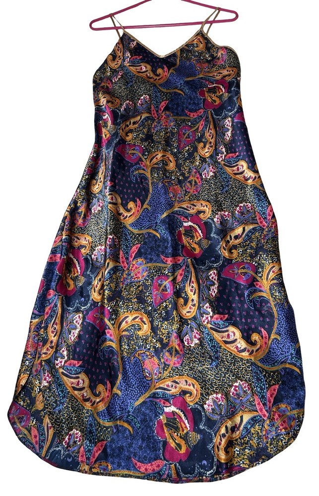 VTG Deena Satin Maxi Paisley Babydoll Nightgown Dress Sz M Blue Golden USA Made