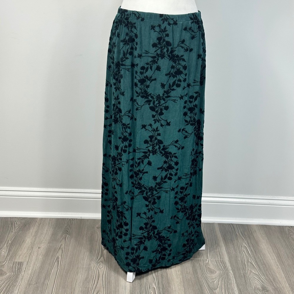 Vintage CitiKnits Teal Midi Skirt with Black Velvet Floral – SIZE L Whimsigoth