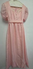 : Vintage 1960s 1970s Pink Empire Waist Prom Dress Puff Sleeve Rhinestone Button