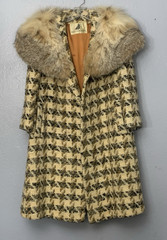 Vtg 70s Rothmoor Tapestry Tweed Wool Coat Fur Collar Ivory Classic Retro No Tag