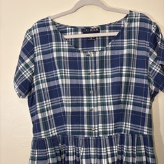 JG Hook Blue Plaid Midi Dress Size 14 Short Sleeve Button Front With Pockets