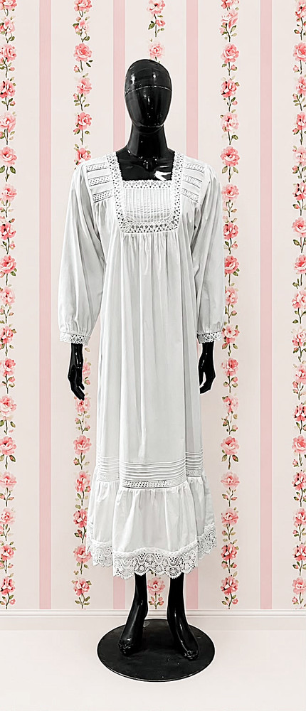 SoieRose 100% Cotton Vintage Cottagecore Victorian Lace Trim Maxi Dress-SR-1314