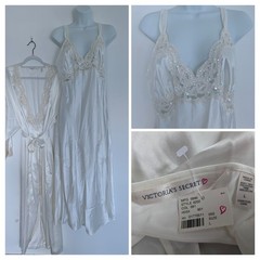 Vtg VICTORIA’S SECRET Bridal Peignoir Robe Set Satin White Sequins Beads L NWT