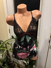 Satin Soft Black Chantilly Lace Bodice Nightie Gown Babydoll Nightgown XL