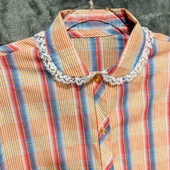 VTG Metallic Plaid Lace Peter Pan Collar Blouse Sz L Cottagecore Western Retro