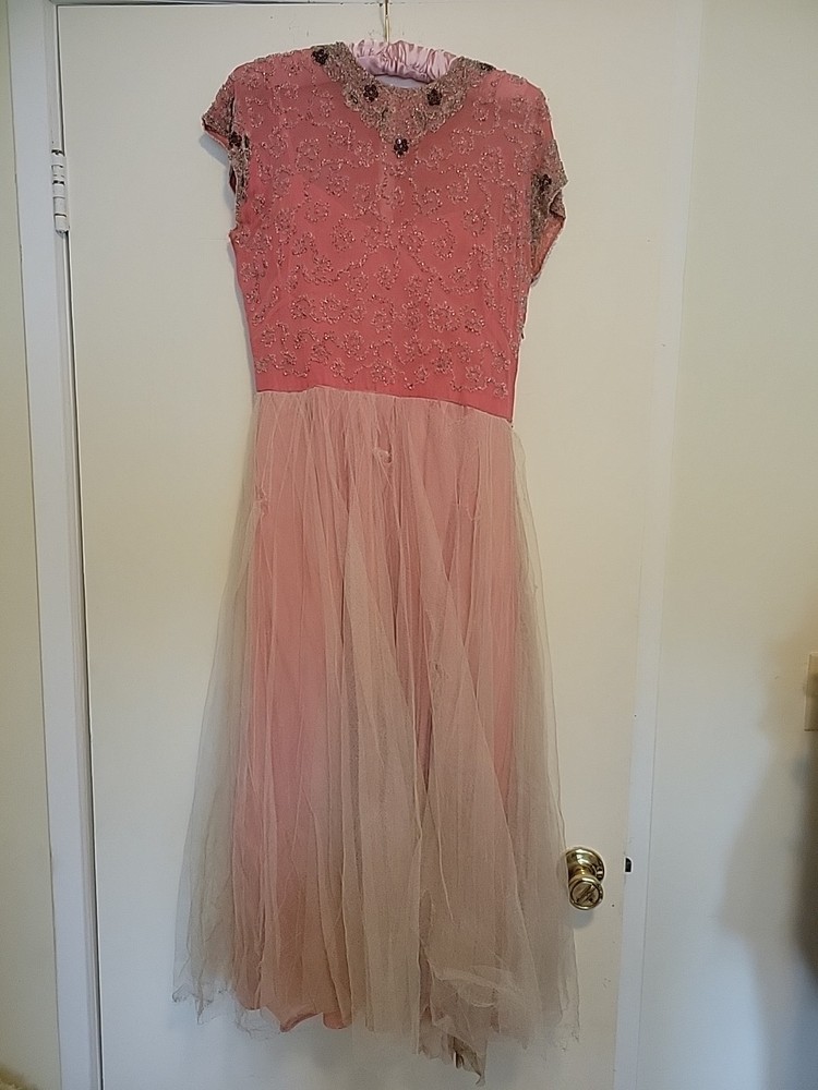 Vintage 40s 50s EXQUISITE Beaded Tulle Evening Dress Needs TLC