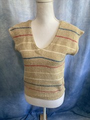 VTG 70s 80s Fritzi California Silk Blend Knit Sweater Vest Top V-Neck Stripe Tan