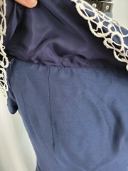 Vtg House of Bianchi Navy Blue Dress w Off the Shoulder White Lace Detail Sz 10