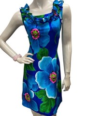 Vtg 70s Sz M Andrade Hawaiian MINI Dress Blue Floral BARKCLOTH Ruffle Neckline
