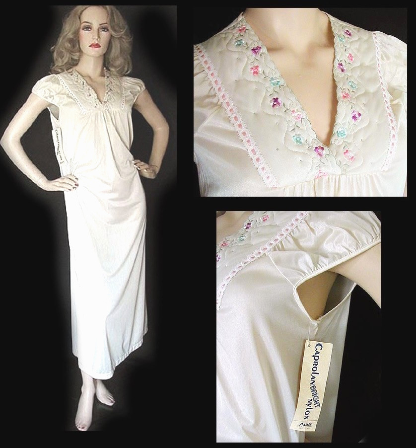 1960s MOVIE STAR NIGHTGOWN Trapunto Embroidery NYLON 34B S NEW OLD STOCK Vintage