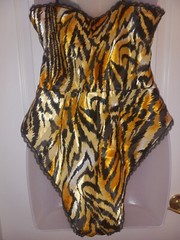 Vintage 80s Lucie Ann Tiger Gold Lurex Snap Crotch Sheer Teddy Lingerie S