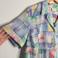 Alfred Dunner Vintage 90s Pastel Abstract Patchwork Button Up Blouse 18W Retro