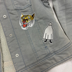 Blue Denim Jacket w/Multiple Patches, Sherpa collar,by Indigo Rein, Small Ladies