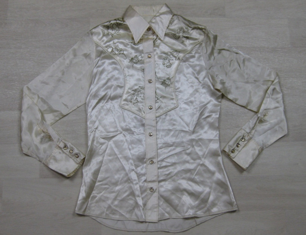 Vintage 70s Wrangler Shirt Womens (30) Satin Pearl Snap Western Cowgirl Floral