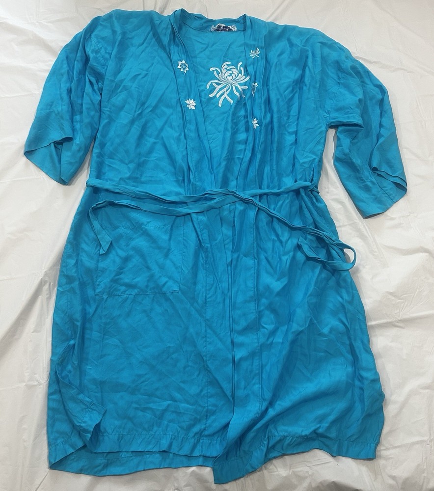 Vintage Leisure Fashions Turquoise Rayon Kimono Robe Embroidered L