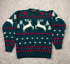 Vintage Eddie Bauer Sweater Women Medium Green Wool Reindeer Holidays Knit