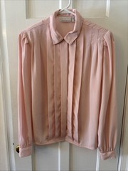 Vtg Kirsten 80s Pink Chiffon Pleated Button Down Blouse Shoulder Pads Career 8