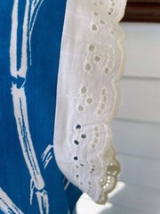 Vintage 1970s Bamboo Print Blue House Dress Eyelet Lace XL