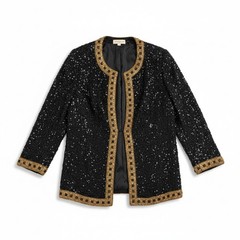 Stenay Vintage Black Silk Beaded Sequin Evening Jacket, Gold Trim, Woman’s Small
