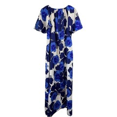 VINTAGE 70s Hilo Hattie Maxi Dress Women M Blue Hibiscus MUUMUU Hawaiian Aloha