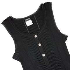 CHANEL Vintage 08P CC Logo Button Ribbed Knit Tank Top #42 Black Silver Cotton