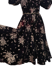 Vintage 1980s velvet moon dress puffed sleeve formal novelty print black gold S