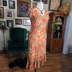 Vintage 90s DBY Floral Print V-Neck Ruffle Hem Midi Dress Orange Tan Womens