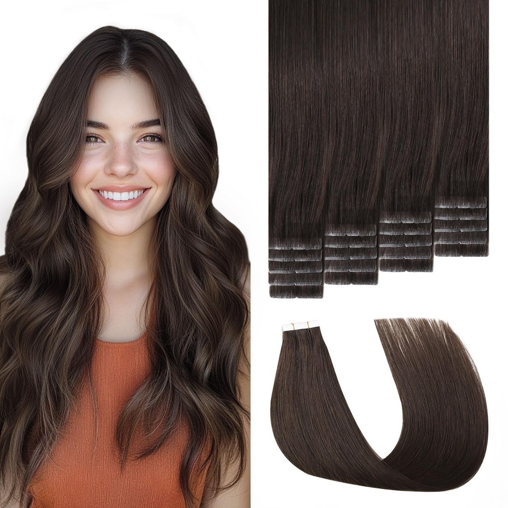 Sweetmet Invisible Hair Extension Tape 22in Real Human Hair Dark Brown 20pcs Sea