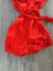 Vintage 1950’s Ruffle Wrap Red Polka-Dot/Raised Dot Romper, Size Small