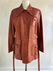 Vintage 70s Leather Jacket Women Burnt Sienna Belted Covered Buttons 4 Pockets L