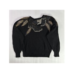 Donagain Vintage Sz L 80s Black Beaded Leather Applique Ramie Cotton Sweater