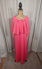 1970s Party Vintage Cocktail Dress Rich Coral Color w Sheer Chiffon Flare Cape