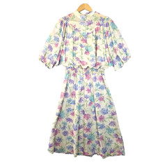 Vtg 70s Prairie Midi Dress M Purple Floral Gauze Knit Bib Dolman Balloon Sleeve