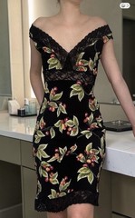 Vintage Y2K Bebe Cherry Print Lace Trim Slip Dress, Black Red, Women’s Size M