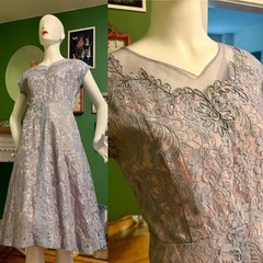 Vtg 1940s 1950s Taffeta Lace Netting Rhinestone Ice Blue Party Dress L XL 42