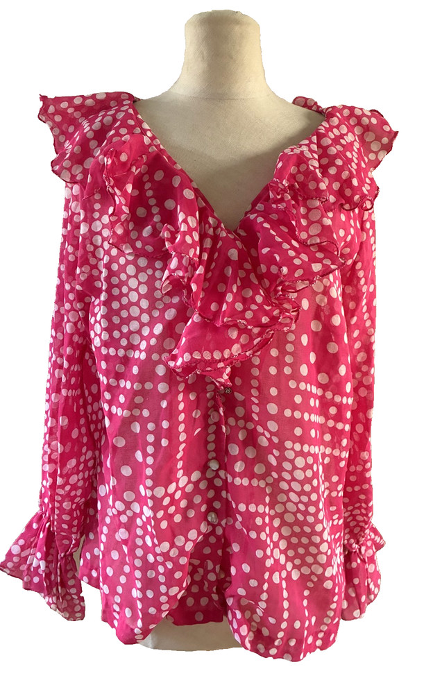 1970s Fashioned By Gregory Pink White Polka Dot Blouse Poly Blend Large